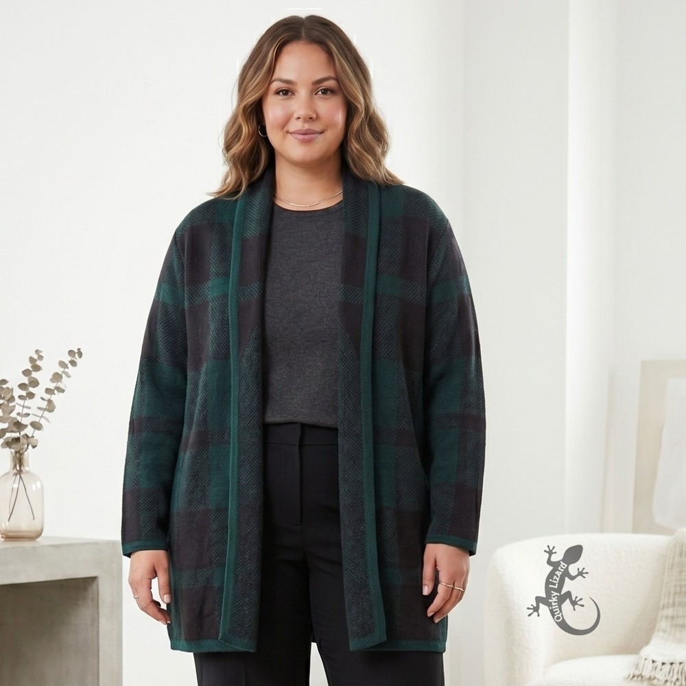 Catherines Cardigan Sweater Women 4X Green Black Plaid Open Front Knit Longline
